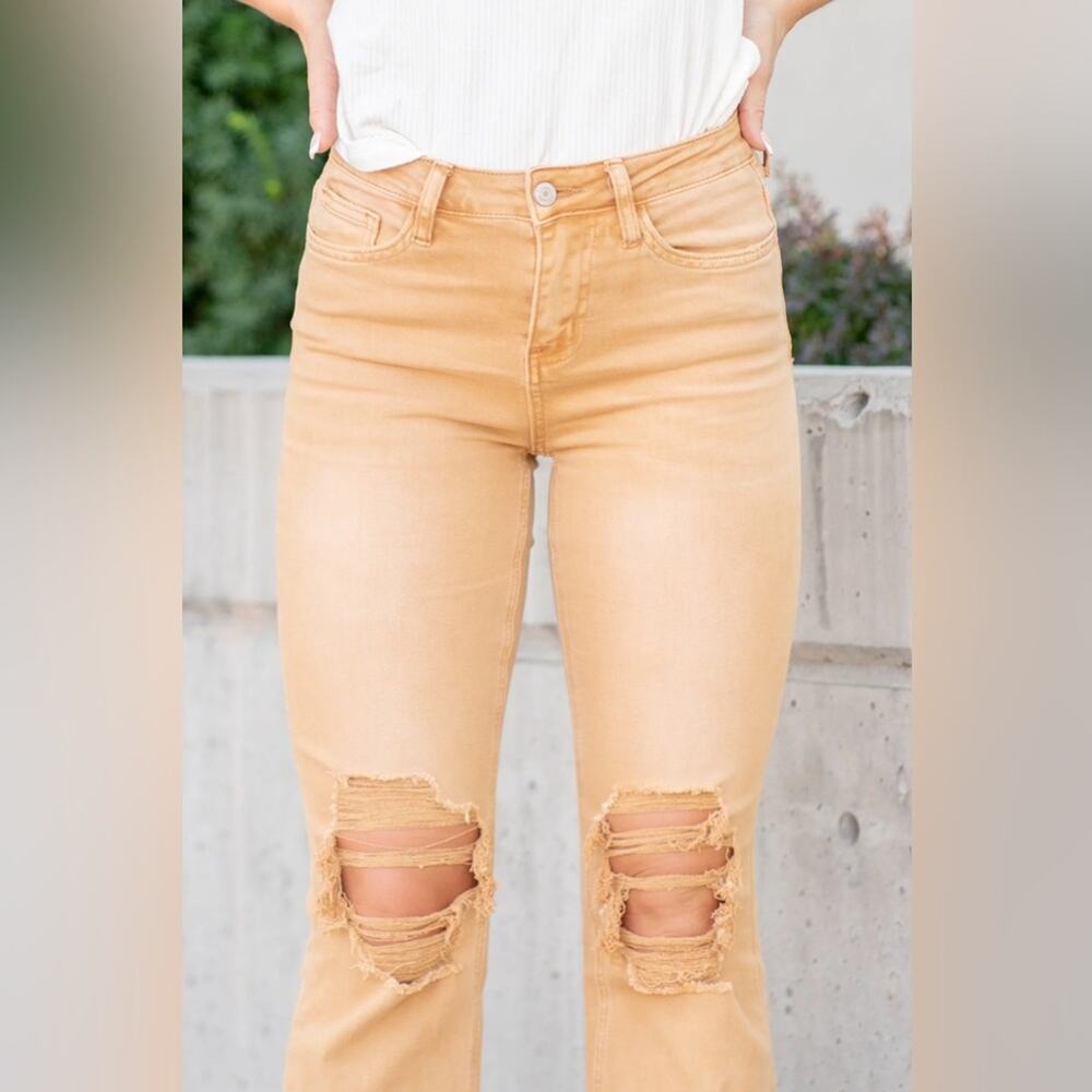 Vervet 90s Vintage High Rise Crop Flare Jean in Army Khaki Size 26 Distressed - Picture 5 of 13